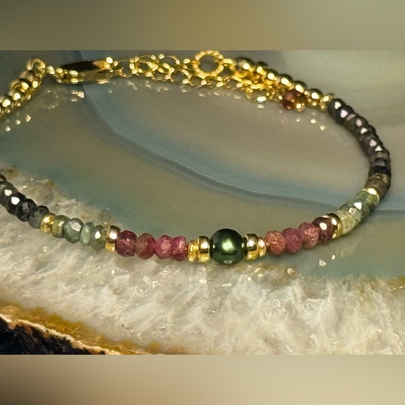 Tourmaline, Peacock Freshwater Pearl, Spinel  Gold Vermeil Bracelet - Picture 6 of 6